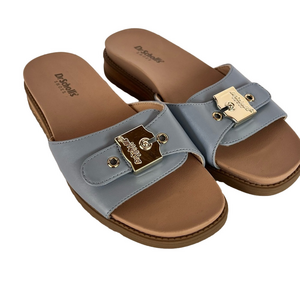New Dr. Scholl's Island Icon Summer Blue Tan Slide Sandals Gold Buckle Women's 7